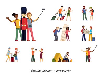 People travel set. Selfie with english guardsman and peizan tower go with suitcases and take photos together male and female characters looking map man near tent fries barbecue. Vector cartoon.