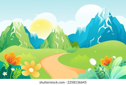 People travel and travel in spring with mountains and forest in the background, vector illustration