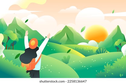 People travel and travel in spring with mountains and forest in the background, vector illustration