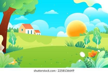 People travel and travel in spring with mountains and forest in the background, vector illustration