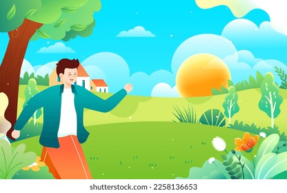 People travel and travel in spring with mountains and forest in the background, vector illustration