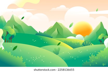 People travel and travel in spring with mountains and forest in the background, vector illustration