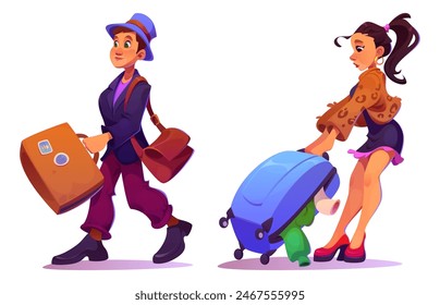 People with travel suitcase. Cartoon vector illustration set of man carrying luggage in hand and woman pulling full of clothes baggage bag. Vacation or business travel passenger of airplane or train