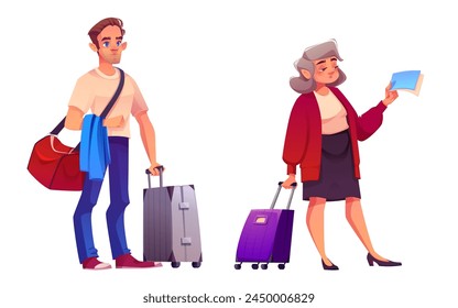 People travel with suitcase. Woman and man tourist with luggage walk in airport to vacation. Old and young passenger png set isolated on background. Adult voyage by train on pension lifestyle design