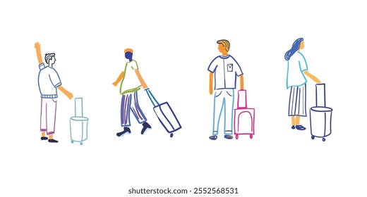 People travel with suitcases, going, carrying luggage, packing baggage, waiting for trip. Tourists with wheeled bags set. sketch vector