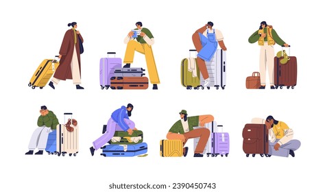 People travel with suitcases. Passenger characters going, carrying luggage, packing baggage, waiting for trip. Tourists with wheeled bags set. Flat vector illustrations isolated on white background