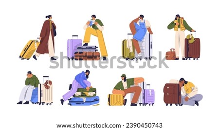 People travel with suitcases. Passenger characters going, carrying luggage, packing baggage, waiting for trip. Tourists with wheeled bags set. Flat vector illustrations isolated on white background