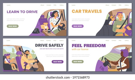 People travel in their cars during vacation or weekend road trip. Male and female characters driving automobile and kids sitting inside wearing seat belt. Set of templates for web.