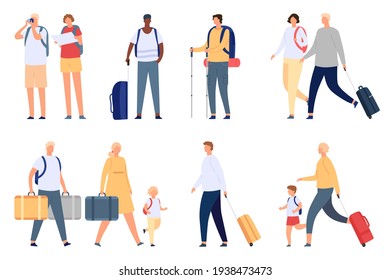 People travel. Tourists couple, families and kids with suitcase, bag, map and camera. Airport passenger with luggage on vacation vector set