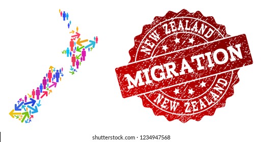 People travel traffic collage of mosaic map of New Zealand and rubber stamp. Mosaic map of New Zealand is designed with multidirectional bright colored arrows and men.