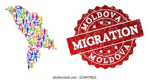 People travel traffic collage of mosaic map of Moldova and rubber stamp. Mosaic map of Moldova is constructed with multidirectional multicolored arrows and people.