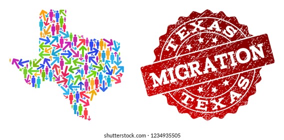 People travel traffic combination of mosaic map of Texas State and textured seal. Mosaic map of Texas State is designed with multidirectional bright colored arrows and people.