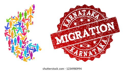 People travel traffic combination of mosaic map of Karnataka State and textured seal stamp. Mosaic map of Karnataka State is constructed with different bright colored arrows and people.