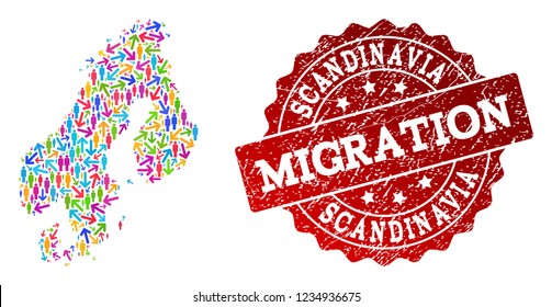 People travel traffic composition of mosaic map of Scandinavia and rubber stamp. Mosaic map of Scandinavia is designed with different colored arrows and men.