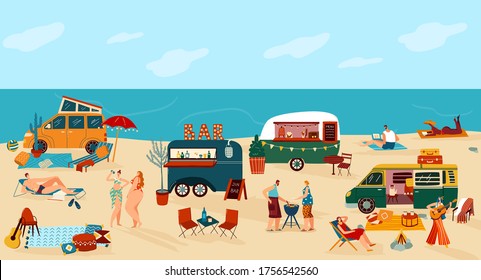 People travel in trailer vector illustration. Cartoon flat happy man woman traveler camper characters have fun on camping beach festival with many tourist campervan car trailers, summer background