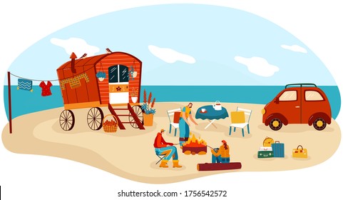 People travel in trailer vector illustration. Cartoon flat happy man woman camper traveler characters cook picnic food on beach campfire in retro caravan camp, campervan car trailer isolated on white