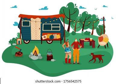 People travel in trailer vector illustration. Cartoon flat man woman couple traveler characters standing in tourist camp with campfire, campervan car trailer, summer outdoor tourism isolated on white