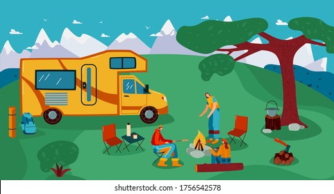 People travel in trailer vector illustration. Cartoon flat man woman friend traveler characters cooking picnic food on campfire in tourist caravan camp near campervan car trailer, summer background