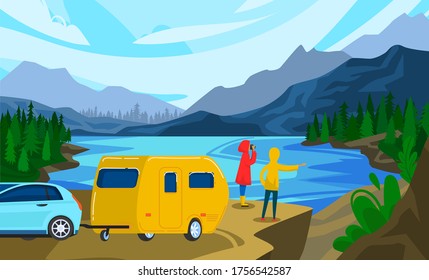 People travel in trailer vector illustration. Cartoon flat man woman couple camper traveler characters standing next to campervan car trailer on river summer landscape, weekend adventure background