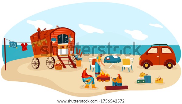 People travel in trailer vector illustration.\
Cartoon flat happy man woman camper traveler characters cook picnic\
food on beach campfire in retro caravan camp, campervan car trailer\
isolated on white