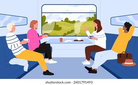 People travel in train compartment vector illustration. Cartoon group of young male and female characters sitting on seats by window to drink coffee and talk, conversation between girls and guys