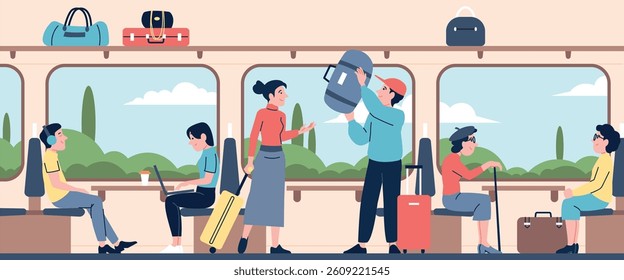 People travel with train. Passengers inside carriage, men women sitting and standing, removing luggage. Tourism and travelling, public transport, recent vector scene