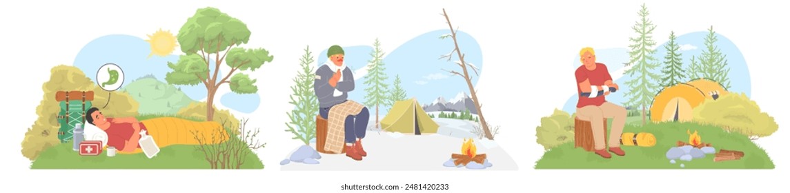 People traveler characters having troubles during camping
