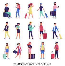 People Traveler with Suitcases and Backpack Enjoying Journey on Vacation Big Vector Set