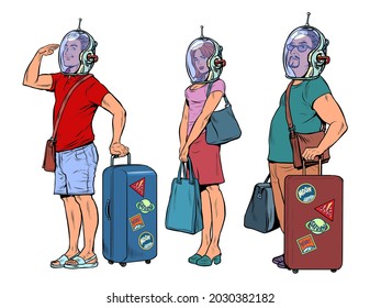 People travelers astronauts are standing on the landing to the spacecraft. Tourist luggage