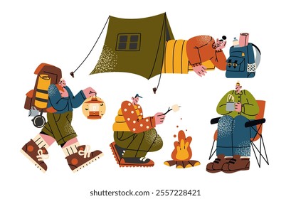 People travelers with a backpack, tent, sleeping bag. Cartoon characters tourists with luggage roast marshmallows on a fire. Mascots of hiking and active sports in the forest