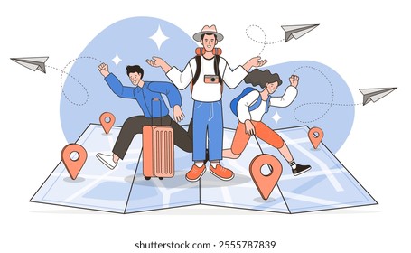 people travelers with backpacks hiking on map. Travel, adventure, sport orienteering, tourism, route concept. boy running on map. Hikers walking, trekking in nature. Flat vector illustration.