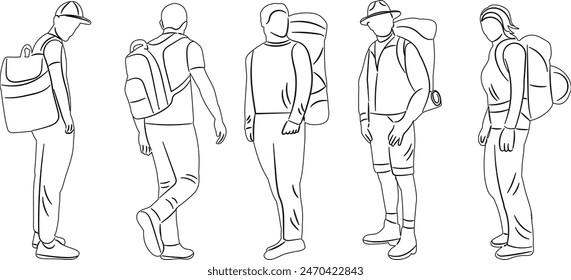 personas viajeros con mochilas boceto esquemático, Vector