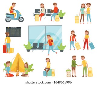 People Travelers Hiking with Backpacks and Waiting for Their Flight in the Airport Vector Illustrations Set