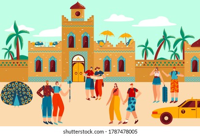 People traveling to Africa flat vector illustration. Cartoon traveler characters travel, visit African traditional village with ethnic houses and buildings, enjoy architecture in Morocco background