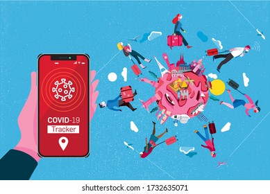 People traveling around the world by plane wearing face masks. Smartphone wit a movile app to detect infected travellers to prevent the spread of the coronavirus pandemic.