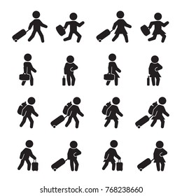 People traveling with bags and luggage. Male and female variations. Vector icon set. Editable. 