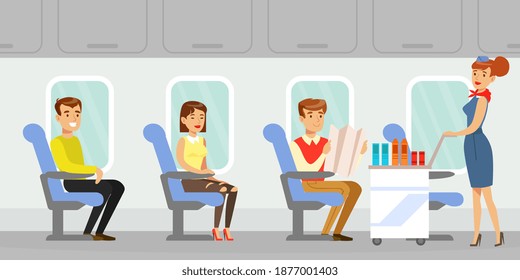 People Traveling by Aircraft, Flight Attendant in Uniform Serving Passengers on Board of Airplane Vector Illustration