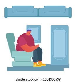 People Traveling by Airplane Concept. Young Man Sitting in Comfortable Seat near Emergency Exit Relaxing. Passenger in Plane Board, Airline Transportation Service Cartoon Flat Vector Illustration