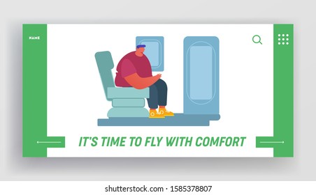 People Traveling by Airplane Website Landing Page. Young Man Sitting in Comfortable Seat near Emergency Exit. Male Passenger at Plane Board, Airline Web Page Banner. Cartoon Flat Vector Illustration