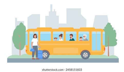 People traveling by bus. City public transport concept. Passengers characters in bus. Vector illustrations isolated on white background.