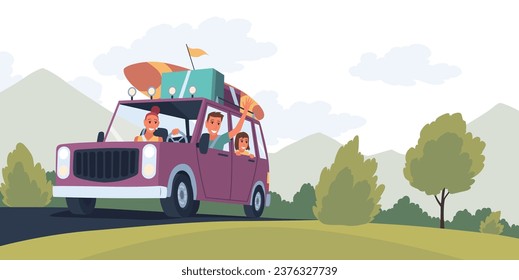 Gente viajando en coche. Feliz viaje a la familia. Concepto de autostop y viaje para banner, diseño de sitios web o página web de aterrizaje. Personas en aventuras automovilísticas con antecedentes naturales