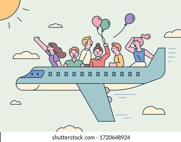 People are traveling by plane. flat design style minimal vector illustration.