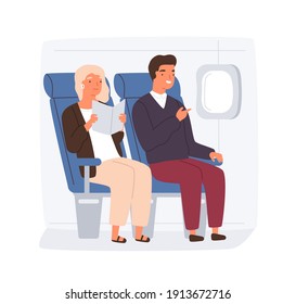 People traveling by plane. Passengers on their seats inside aircraft. Happy couple of passengers reading book and looking through illuminator or porthole. Flat vector illustration isolated on white