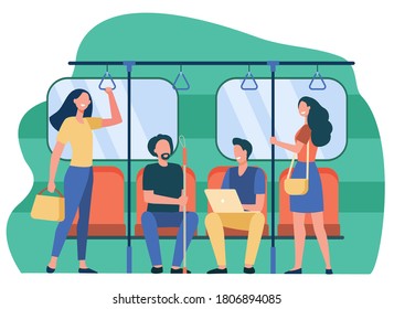 People traveling by subway or underground flat vector illustration. Cartoon sitting and standing in train of city metro. Public transport and trip concept