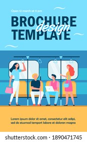 People traveling by subway or underground flat vector illustration. Cartoon sitting and standing in train of city metro. Public transport and trip concept