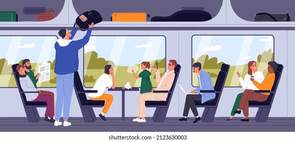 People traveling by train. Railway transport interior. Passengers inside railroad carriage with seats and windows. Men, women, kids tourists with baggage, laptop, phone. Flat vector illustration