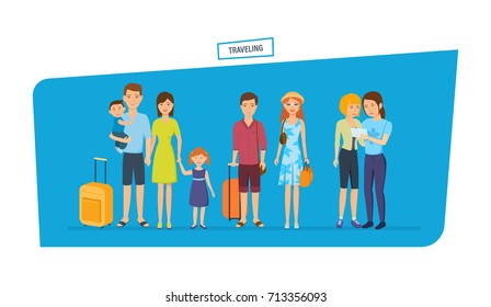 People traveling. Traveling people characters person, journey, hiking with kids, joint pictures, family trip, journey together, with baggage. Vector illustration.