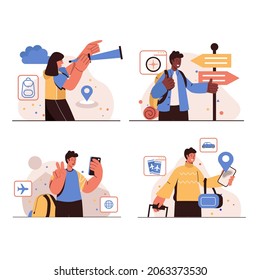 People traveling concept isolated scenes set. Men and women travelers with backpacks and luggage go on trip, flying on vacation, going hiking and choose route. Vector illustration in flat design