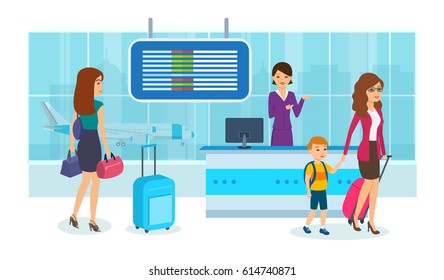 People traveling concept. Mother with her son at the airport follow to the plane, a young girl with luggage comes to the reception desk with a co-worker. Vector illustration isolated in cartoon style.