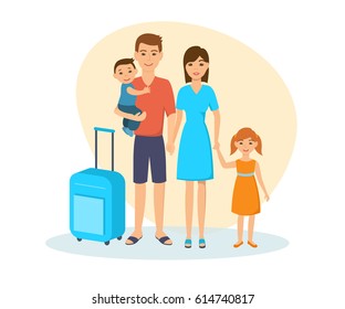 People traveling concept. The young family travels together in their own car, with personal belongings, spending holidays and vacations. Vector illustration isolated in cartoon style.